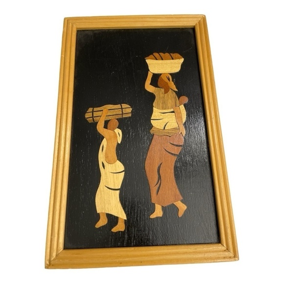 Ghana Africa marquetry picture. Wood on wood. Framed. Wood Framed Art Intarsia - Picture 4 of 10